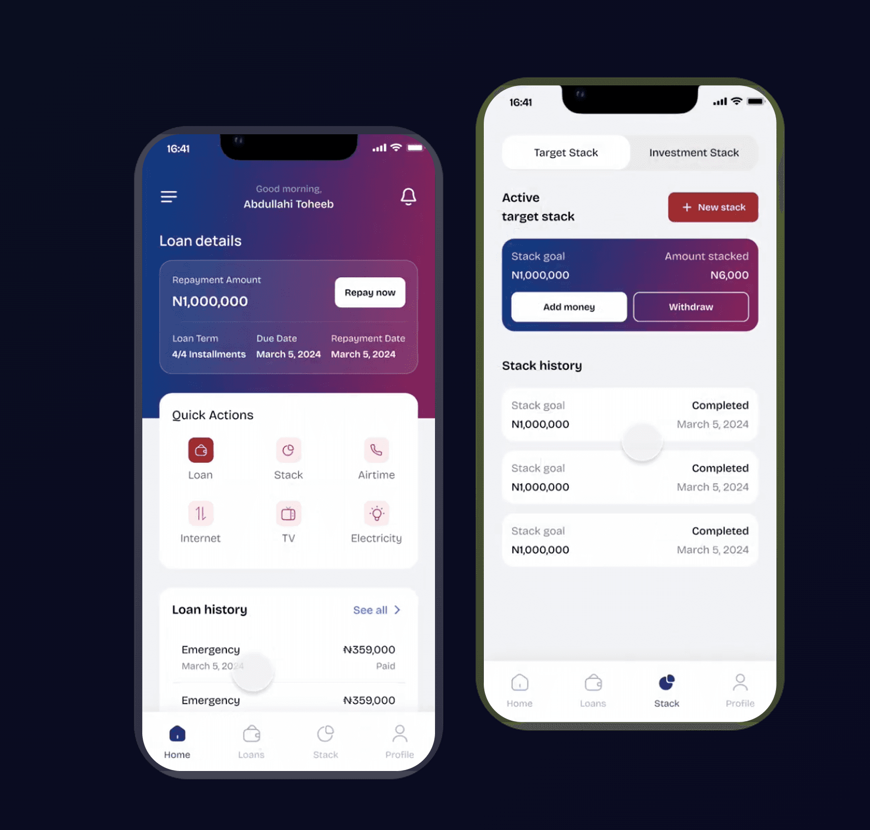 The NoblePay app showing loan repayment details and a target savings stack
